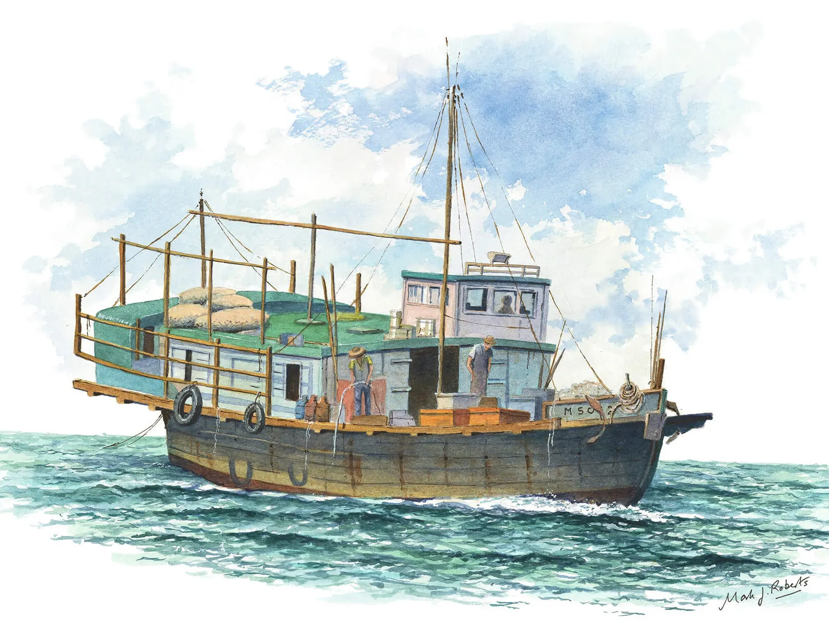 A Chinese junk on the water, watercolour by Mark Talbot Roberts